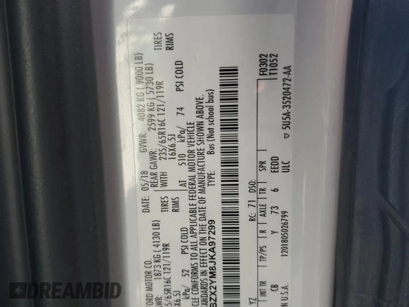 2018 Ford Transit Passenger XL z VIN 1FBZX2YM8JKA97299, wystawiony jako Copart lot #53553115 z przebiegiem 101 532 mil mil oraz Szkoda całkowita • Salvage title. Historia ofert i sprzedaży dostępna na DreamBid. Obrazek 14.