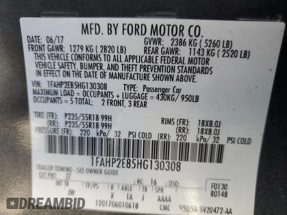 2017 Ford Taurus SEL z VIN 1FAHP2E85HG130308, wystawiony jako Copart lot #56376635 z przebiegiem 123 985 mil mil oraz Czysty tytuł • Clean title. Historia ofert i sprzedaży dostępna na DreamBid. Obrazek 12.
