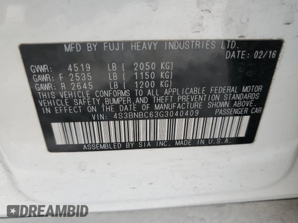 2016 Subaru Legacy Premium with VIN 4S3BNBC63G3040409, listed as a Copart auction lot 60230125 with 171,910 mi miles and Salvage title. Bid and sale history available at DreamBid. Image 12.