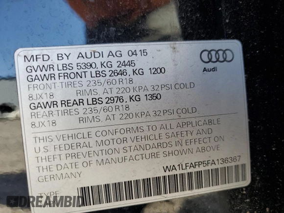 2015 Audi Q5 Premium Plus with VIN WA1LFAFP5FA136367, listed as a Copart auction lot 55158815 with 76,426 mi miles and Salvage title. Bid and sale history available at DreamBid. Image 14.