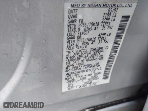 2008 Nissan Armada SE z VIN 5N1BA08D48N603251, wystawiony jako IAAI lot #42249956 z przebiegiem 186 715 mil mil oraz . Historia ofert i sprzedaży dostępna na DreamBid. Obrazek 9.