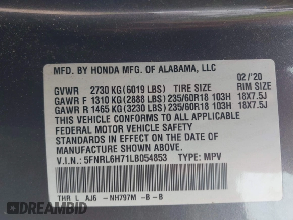 2020 Honda Odyssey EX-L с VIN 5FNRL6H71LB054853, выставлен на аукционе IAAI как лот 42117628 с пробегом 73 118 миль миль и . История ставок и продаж доступна на DreamBid. Изображение 9.