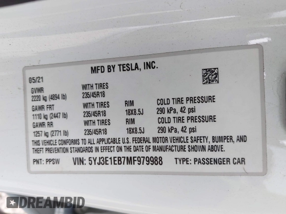 2021 Tesla Model 3 Long Range z VIN 5YJ3E1EB7MF979988, wystawiony jako IAAI lot #40893463 z przebiegiem 38 230 mil mil oraz . Historia ofert i sprzedaży dostępna na DreamBid. Obrazek 9.