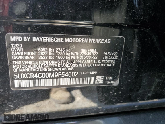 2021 BMW X5 sDrive40i with VIN 5UXCR4C00M9F54602, listed as a Copart auction lot 62417255 with 42,110 mi miles and Salvage title. Bid and sale history available at DreamBid. Image 13.