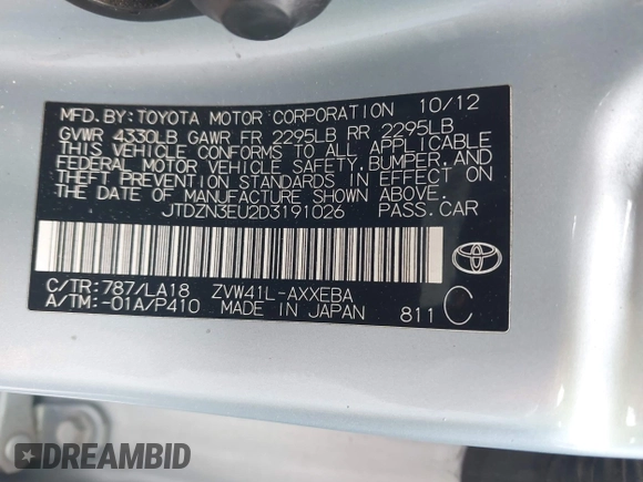 2013 Toyota Prius Two with VIN JTDZN3EU2D3191026, listed as a IAAI auction lot 42129523 with 210,009 mi miles and . Bid and sale history available at carsss.com. Image 9.