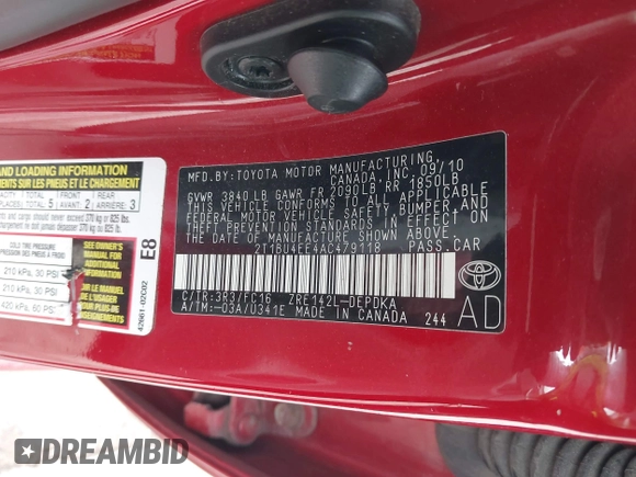 2010 Toyota Corolla with VIN 2T1BU4EE4AC479118, listed as a IAAI auction lot 41983300 with 114,997 mi miles and . Bid and sale history available at DreamBid. Image 9.