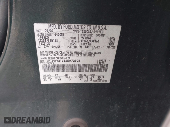 2003 Ford F-250 XL с VIN 1FTNW21L63EA72806, выставлен на аукционе IAAI как лот 41523711 с пробегом 235 972 миль миль и . История ставок и продаж доступна на DreamBid. Изображение 9.