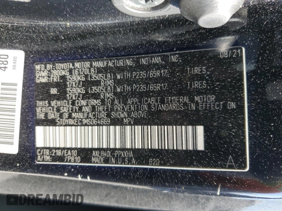 2021 Toyota Sienna XLE with VIN 5TDYRKEC1MS064669, listed as a Copart auction lot 57818955 with 120,181 mi miles and Salvage title. Bid and sale history available at DreamBid. Image 13.