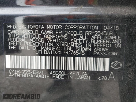 2018 Lexus IS 300 with VIN JTHBA1D2XJ5076545, listed as a Copart auction lot 63296235 with 111,324 mi miles and Salvage title. Bid and sale history available at DreamBid. Image 12.