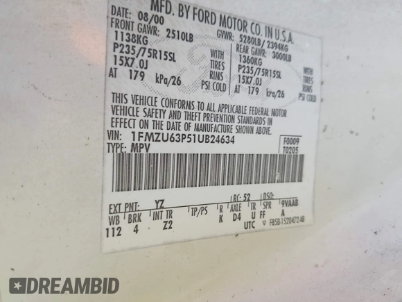 2001 Ford Explorer XLT с VIN 1FMZU63P51UB24634, выставлен на аукционе IAAI как лот 42669627 с пробегом 150 694 миль миль и . История ставок и продаж доступна на DreamBid. Изображение 9.