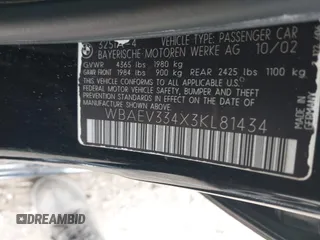 2003 BMW 3 Series 325i with VIN WBAEV334X3KL81434, listed as a IAAI auction lot 42186211 with 173,179 mi miles and . Bid and sale history available at DreamBid. Image 9.