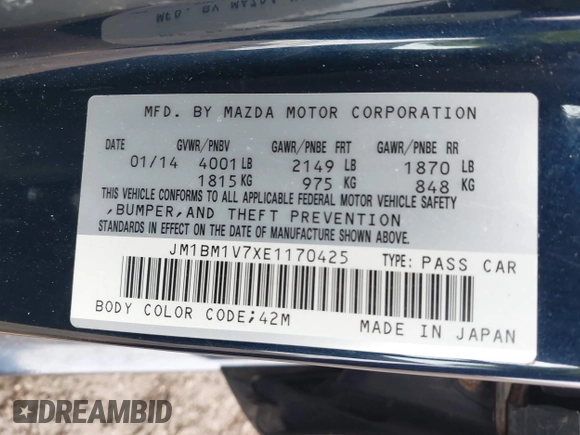 2014 Mazda 3 i Touring with VIN JM1BM1V7XE1170425, listed as a IAAI auction lot 41557903 with 111,946 mi miles and . Bid and sale history available at DreamBid. Image 9.