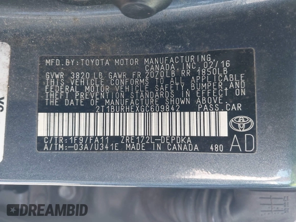 2016 Toyota Corolla L with VIN 2T1BURHEXGC609842, listed as a IAAI auction lot 41955938 with 68,915 mi miles and . Bid and sale history available at DreamBid. Image 9.