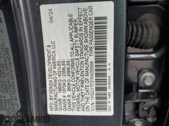 2024 Honda Accord EX with VIN 1HGCY1F31RA059998, listed as a Copart auction lot 55144585 with 10,429 mi miles and Salvage title. Bid and sale history available at DreamBid. Image 12.