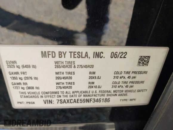 2022 Tesla Model X with VIN 7SAXCAE59NF346186, listed as a IAAI auction lot 41893923 with Not Provided miles and . Bid and sale history available at DreamBid. Image 8.