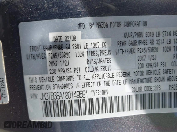 2008 Mazda CX-9 Touring with VIN JM3TB38A180149591, listed as a IAAI auction lot 41773563 with 220,376 mi miles. Bid and sale history available at carsss.com. Image 9.