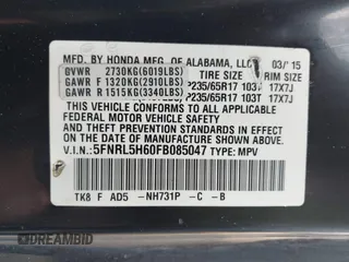 2015 Honda Odyssey EX-L z VIN 5FNRL5H60FB085047, wystawiony jako IAAI lot #42045345 z przebiegiem 180 323 mil mil oraz . Historia ofert i sprzedaży dostępna na DreamBid. Obrazek 9.