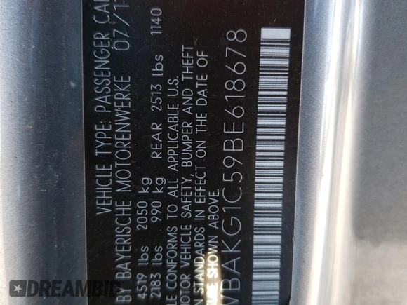 2011 BMW 3 Series 335is with VIN WBAKG1C59BE618678, listed as a Copart auction lot 44433155 with Not provided miles and Salvage title. Bid and sale history available at DreamBid. Image 15.