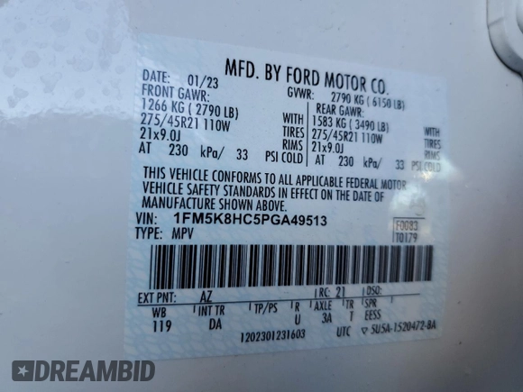 2023 Ford Explorer Platinum with VIN 1FM5K8HC5PGA49513, listed as a Copart auction lot 43654785 with 34,928 mi miles and Salvage title. Bid and sale history available at DreamBid. Image 13.