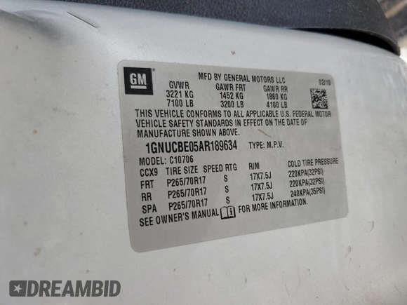 2010 Chevrolet Tahoe LT z VIN 1GNUCBE05AR189634, wystawiony jako Copart lot #56297945 z przebiegiem 292 816 mil mil oraz Szkoda całkowita • Salvage title. Historia ofert i sprzedaży dostępna na DreamBid. Obrazek 13.