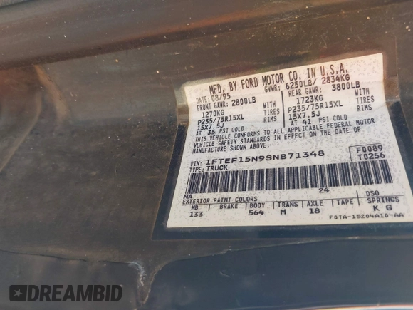 1995 Ford F-150 с VIN 1FTEF15N9SNB71348, выставлен на аукционе IAAI как лот 42307020 с пробегом 252 581 миль миль и . История ставок и продаж доступна на DreamBid. Изображение 9.