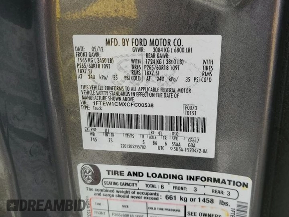 2012 Ford F-150 XL with VIN 1FTEW1CMXCFC00538, listed as a Copart auction lot 48563865 with 0 mi miles and Salvage Title. Bid and sale history available at carsss.com. Image 12.