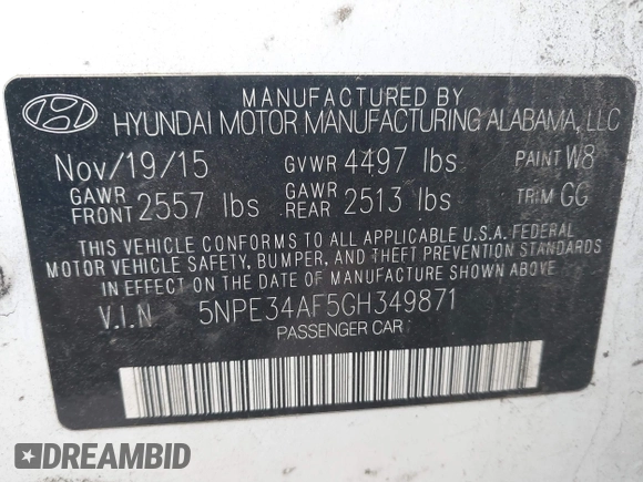 2016 Hyundai Sonata Sport with VIN 5NPE34AF5GH349871, listed as a IAAI auction lot 41962910 with 86,978 mi miles and . Bid and sale history available at DreamBid. Image 9.