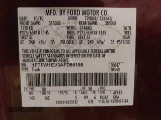 2010 Ford F-150 XL with VIN 1FTFW1EV3AFD89198, listed as a IAAI auction lot 42425921 with 174,410 mi miles and . Bid and sale history available at DreamBid. Image 9.