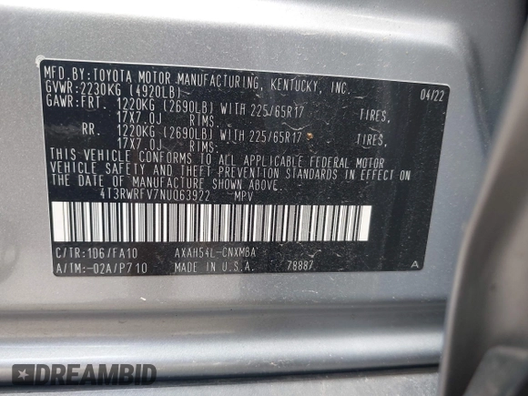 2022 Toyota RAV4 Hybrid XLE z VIN 4T3RWRFV7NU063922, wystawiony jako IAAI lot #42585891 z przebiegiem Nie podano mil oraz . Historia ofert i sprzedaży dostępna na DreamBid. Obrazek 9.