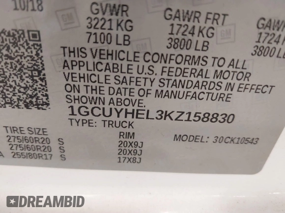 2019 Chevrolet Silverado 1500 High Country with VIN 1GCUYHEL3KZ158830, listed as a IAAI auction lot 41646878 with 105,524 mi miles. Bid and sale history available at carsss.com. Image 9.