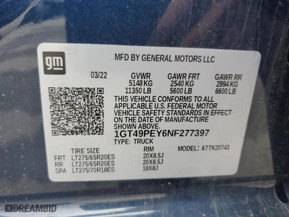 2022 GMC Sierra 2500HD AT4 with VIN 1GT49PEY6NF277397, listed as a Copart auction lot 43767195 with 34,304 mi miles and Salvage Title. Bid and sale history available at carsss.com. Image 13.