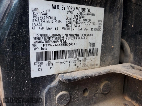 2014 Ford F-250 XL with VIN 1FT7W2A6XEEB36013, listed as a Copart auction lot 62713075 with 245,865 mi miles and Salvage title. Bid and sale history available at DreamBid. Image 12.
