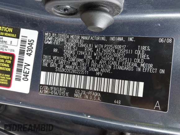 2008 Toyota Sienna XLE with VIN 5TDZK22C28S223511, listed as a IAAI auction lot 42697387 with 137,098 mi miles and . Bid and sale history available at DreamBid. Image 9.