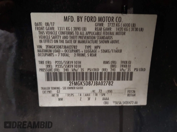 2018 Ford Flex Limited with VIN 2FMGK5D87JBA02782, listed as a IAAI auction lot 41725090 with 138,479 mi miles. Bid and sale history available at carsss.com. Image 9.