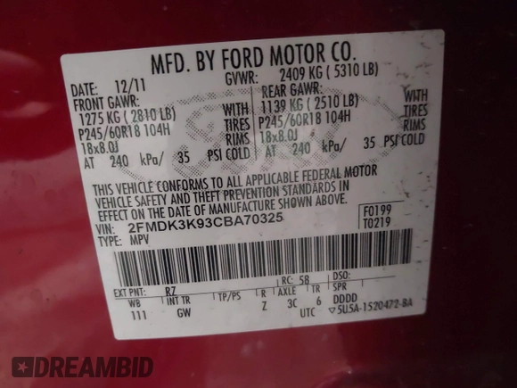 2012 Ford Edge Limited with VIN 2FMDK3K93CBA70325, listed as a IAAI auction lot 41539281 with 182,734 mi miles. Bid and sale history available at carsss.com. Image 9.