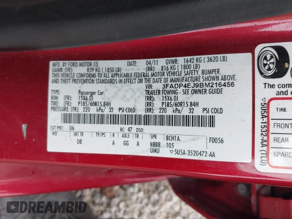 2011 Ford Fiesta SE with VIN 3FADP4EJ9BM216456, listed as a IAAI auction lot 41918530 with 165,989 mi miles. Bid and sale history available at carsss.com. Image 9.
