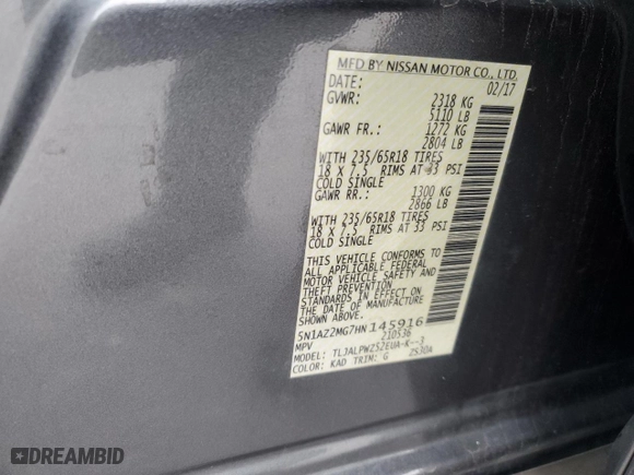 2017 Nissan Murano S with VIN 5N1AZ2MG7HN145916, listed as a Copart auction lot 89288995 with 88,031 mi miles and Salvage Title. Bid and sale history available at carsss.com. Image 13.