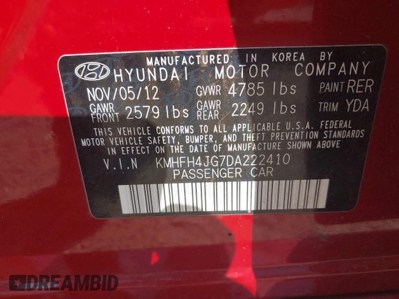 2013 Hyundai Azera с VIN KMHFH4JG7DA222410, выставлен на аукционе IAAI как лот 40175444 с пробегом Не указан миль и . История ставок и продаж доступна на DreamBid. Изображение 9.