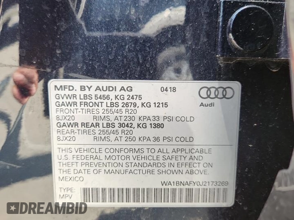 2018 Audi Q5 Premium Plus with VIN WA1BNAFY0J2173269, listed as a Copart auction lot 59921775 with 56,117 mi miles and Salvage title. Bid and sale history available at DreamBid. Image 14.