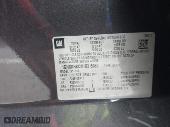2017 Chevrolet Suburban LT z VIN 1GNSKHKC2HR315082, wystawiony jako IAAI lot #41545420 z przebiegiem 117 565 mil mil oraz . Historia ofert i sprzedaży dostępna na DreamBid. Obrazek 9.