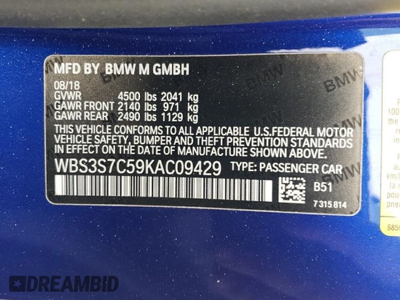2019 BMW M4 CS with VIN WBS3S7C59KAC09429, listed as a Copart auction lot 54519804 with 0 mi miles and Salvage Title. Bid and sale history available at carsss.com. Image 12.