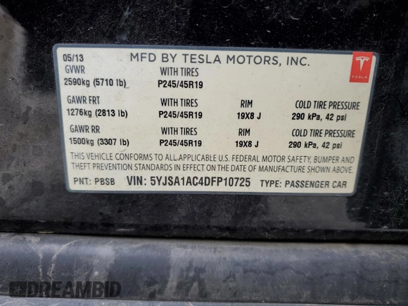 2013 Tesla Model S with VIN 5YJSA1AC4DFP10725, listed as a Copart auction lot 50955945 with 125,512 mi miles and Salvage Title. Bid and sale history available at carsss.com. Image 12.