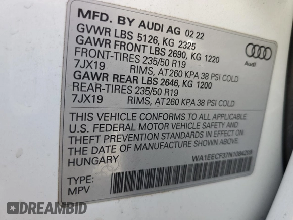 2022 Audi Q3 S line Premium Plus with VIN WA1EECF37N1084209, listed as a Copart auction lot 46819905 with 12,574 mi miles and Salvage Title. Bid and sale history available at carsss.com. Image 15.