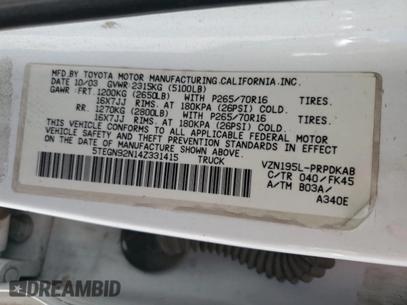 2004 Toyota Tacoma PreRunner z VIN 5TEGN92N14Z331415, wystawiony jako Copart lot #56596545 z przebiegiem 339 810 mil mil oraz Szkoda całkowita • Salvage title. Historia ofert i sprzedaży dostępna na DreamBid. Obrazek 12.