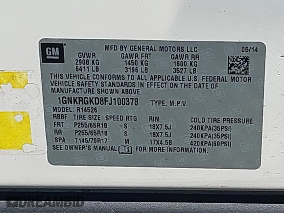 2015 Chevrolet Traverse LT с VIN 1GNKRGKD8FJ100378, выставлен на аукционе IAAI как лот 42074140 с пробегом 141 102 миль миль и . История ставок и продаж доступна на DreamBid. Изображение 9.