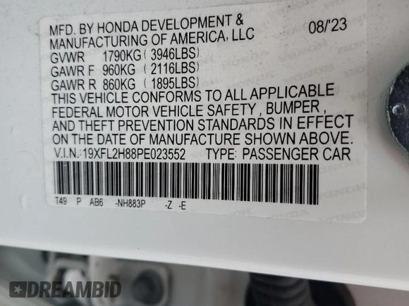 2023 Honda Civic Sport z VIN 19XFL2H88PE023552, wystawiony jako Copart lot #56878205 z przebiegiem 23 714 mil mil oraz Szkoda całkowita • Salvage title. Historia ofert i sprzedaży dostępna na DreamBid. Obrazek 12.