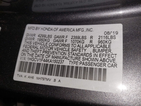 2019 Honda Accord EX z VIN 1HGCV1F44KA150237, wystawiony jako IAAI lot #42192508 z przebiegiem 57 147 mil mil oraz . Historia ofert i sprzedaży dostępna na DreamBid. Obrazek 9.