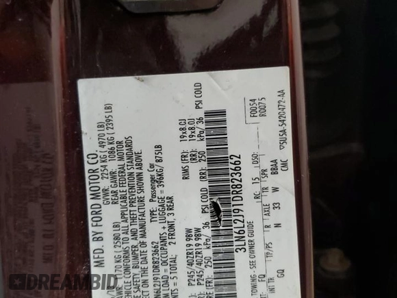 2013 Lincoln MKZ with VIN 3LN6L2J91DR823662, listed as a Copart auction lot 46675845 with 131,104 mi miles and Salvage Title. Bid and sale history available at DreamBid. Image 13.