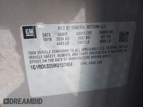 2017 Chevrolet Volt Premier with VIN 1G1RD6S55HU157494, listed as a IAAI auction lot 41837137 with 1 mi miles. Bid and sale history available at carsss.com. Image 9.