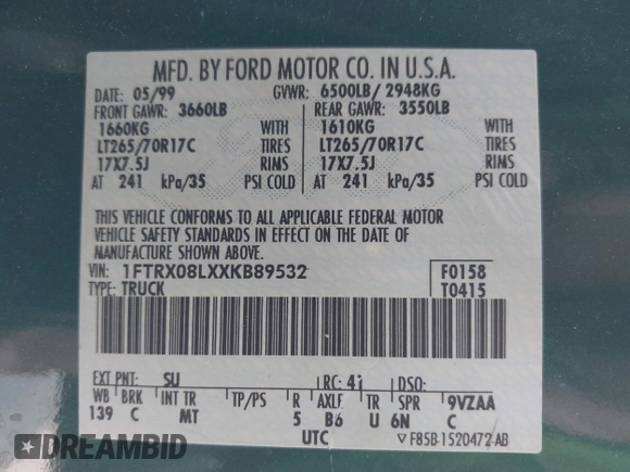1999 Ford F-150 XL с VIN 1FTRX08LXXKB89532, выставлен на аукционе IAAI как лот 42655127 с пробегом 189 999 миль миль и . История ставок и продаж доступна на DreamBid. Изображение 9.
